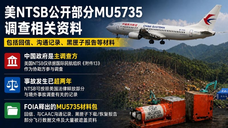 #互联网观察 ▎中国东方航空 MU5735 事故 文件开源有网友向 美国国家运输安全委员会（以下简称NTSB） 申请公开与 MU5735 调查有关的资料，包括 NTSB 是否有最终报告、技术摘要，以及 NTSB 和中国民航局 CAAC 在 2022 年 3 月 21 日至 5 月 21 日之间的沟通记录