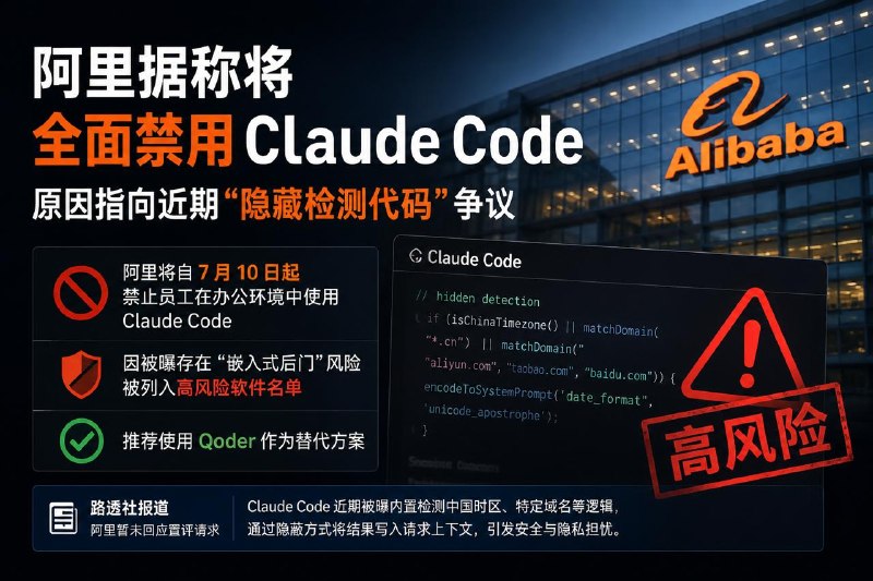 #互联网观察▎阿里将全面禁用 Claude Code，原因指向近期“隐藏检测代码”争议据路透社报道，阿里巴巴将自 7 月 10 日起禁止员工在办公环境中使用 Claude Code，原因是公司将其评估为存在潜在安全风险的软件