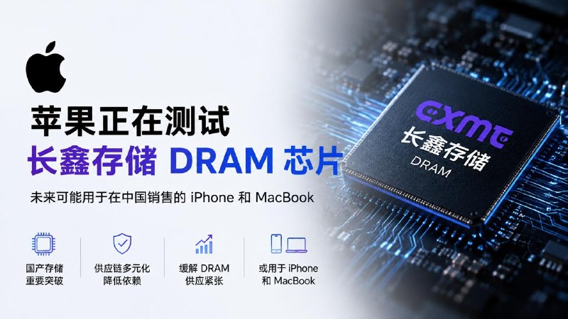#互联网观察 ▎苹果正在测试长鑫存储 DRAM 芯片，可能将用于在华销售产品据《华尔街日报》最新报道，苹果已经开始测试中国存储芯片厂商长鑫存储（CXMT）的 DRAM 产品，并与长鑫方面进行了初步接触