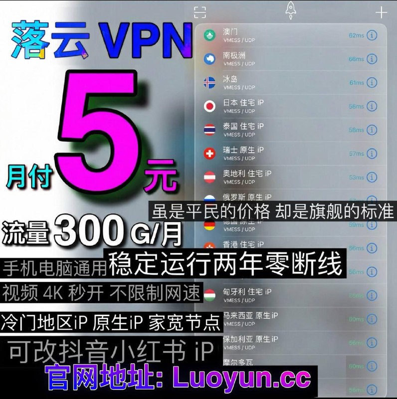 落云 VPN ➡️月付 ¥5 元➡️ 300GB 流量每月👉 稳定运行3 年零断线无倍率无年付套路手机电脑通用 不限制网速与在线设备高峰期视频 4K 秒开