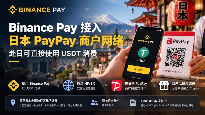 #互联网观察 ▎ Binance Pay 接入日本 PayPay 商户网络，USDT 可直接消费9 月 30 日，据 Cointelegraph 报道，Binance Pay 已通过 HIVEX 支付互联网络接入日本 PayPay 商户体系，符合条件的海外用户赴日时，可以直接使用 USDT 在绝大多数支持 HIVEX 的 PayPay 商户完成支付