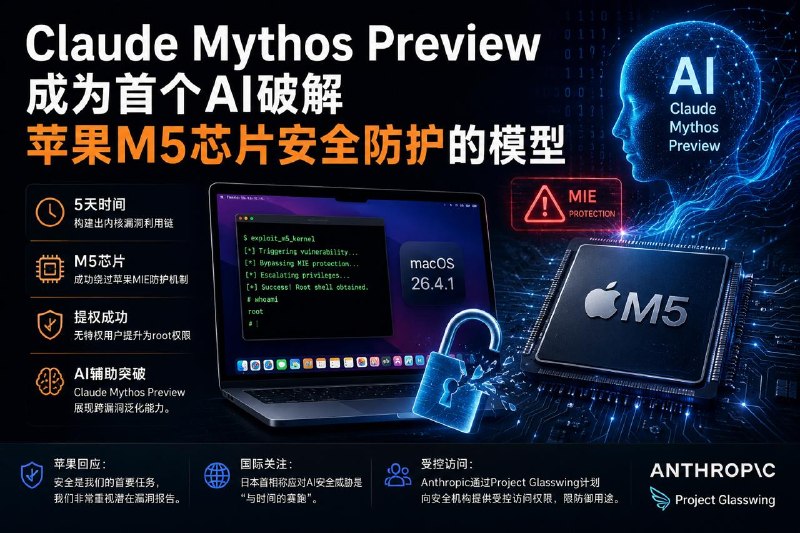 #互联网观察 #iPhone▎Claude Mythos Preview 成为首个AI破解苹果M5芯片安全防护的模型总部位于帕洛阿尔托的网络安全公司Calif的研究人员，利用Anthropic受限AI模型Claude Mythos Preview，构建出首个公开的macOS内核内存损坏漏洞利用程序，成功攻破苹果 M5芯片的安全防护——而这一切仅用了五天时间，研究人员估计，苹果为此投入了长达五年的时间和数十亿美元的资金