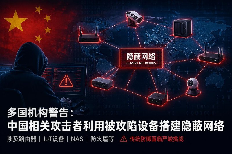 #互联网观察 ▎中国相关攻击者正利用被攻陷设备搭建隐蔽网络英国 NCSC、美国 CISA、FBI、NSA、日本国家サイバー統括室等多国网络安全机构近日发布联合安全通告，警告与中国相关的网络攻击者正在大规模利用被攻陷的 SOHO 路由器、IoT 设备、智能设备、NAS、防火墙等边缘设备，搭建隐蔽代理网络，用于隐藏攻击来源并开展网络侦察、恶意软件投递、命令控制通信和数据窃取等活动